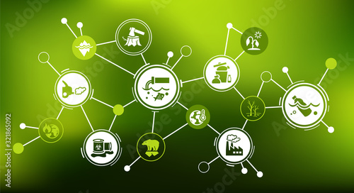 pollution and environmental damage vector illustration. Abstract concept with connected icons related to ecological destruction, contamination, garbage in the ocean and industrial emission.