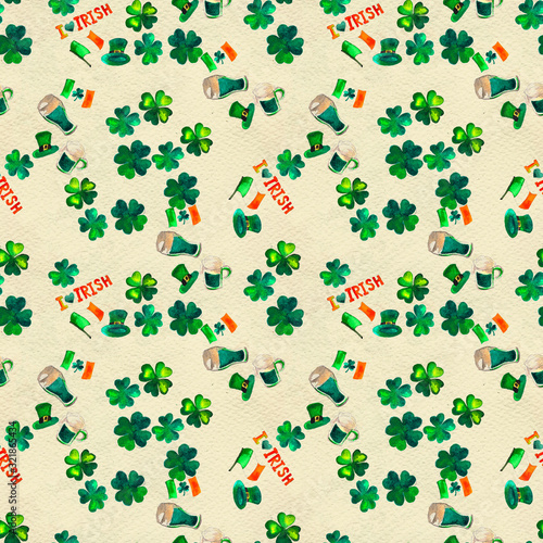 Seamless hand drawn background with St. Patrick s Day symbols