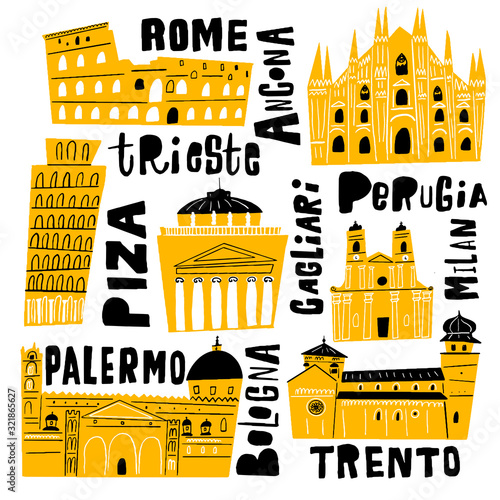 Vector illustration of different attractions and landmarks of Italy. Lettering.