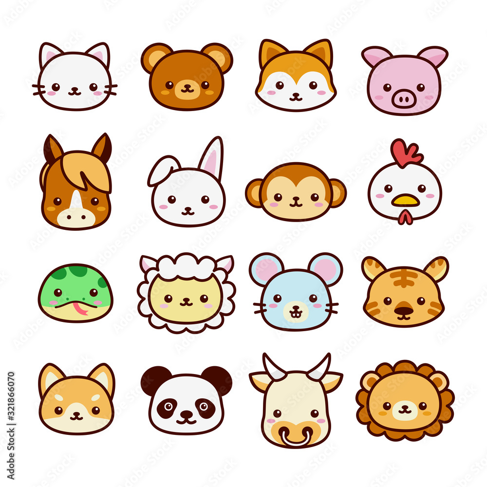 Fototapeta premium Set of cute and kawaii 16 animal signs. Flat cartoon vector isolated on white background.