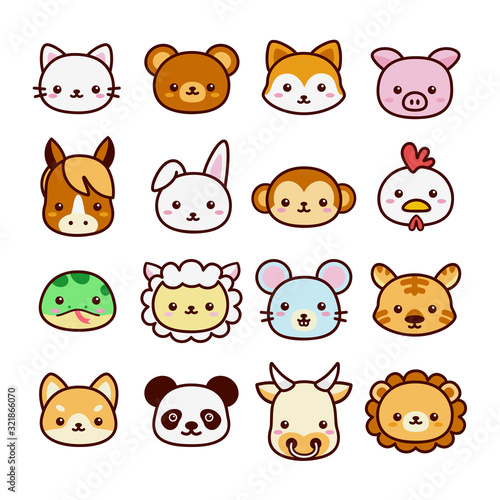 Set of cute and kawaii 16 animal signs. Flat cartoon vector isolated on white background.