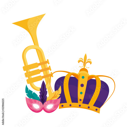 Isolated mardi gras mask trumpet and crown vector design