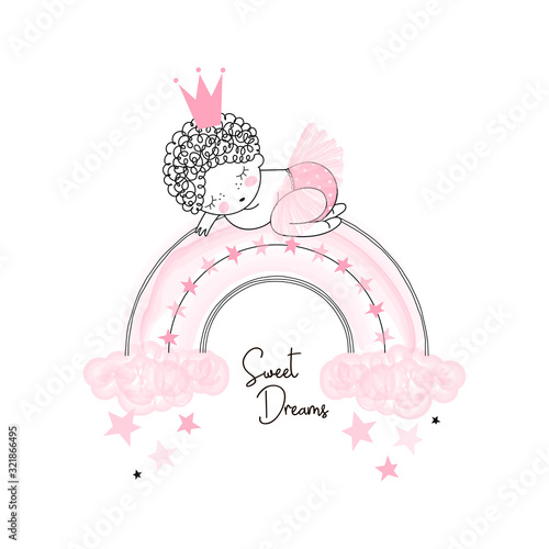 Cute cartoon new born princess baby girl in ballerina skirt sleeping on whimsical pink rainbow. Simple linear drawing of little festal doll in crown. Birthday party Baby shower nursery girlish design