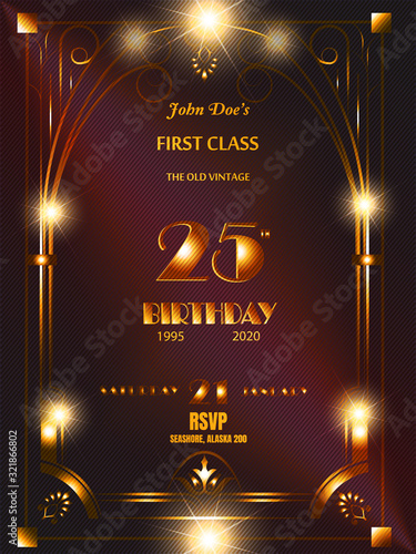25 Anniversary framed golden-colored lettering with golden floral and geometric elements isolated on red background. Luxury vector Template Logo EPS 10 for celebration, invitation