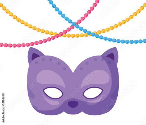 Isolated mardi gras cat mask and necklaces vector design