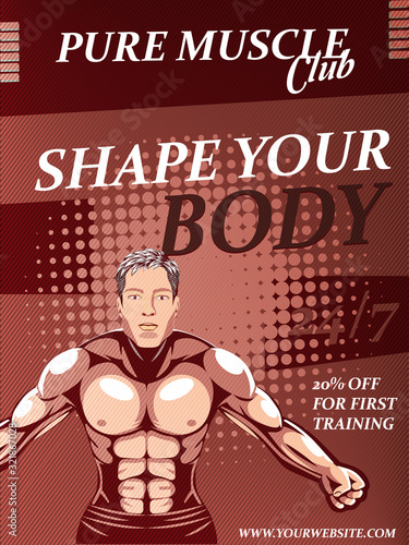 Fitness Promotion flyer, banner template design muscle man. Athlete men's physique banner, bodybuilder logo on grunge background, athlete men's bare torso. Shape your body lettering.