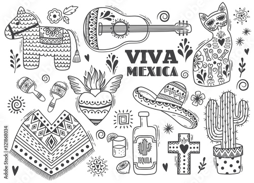 Hand drawn doodles set for Mexican party, Independence day, Cinco de Mayo celebration