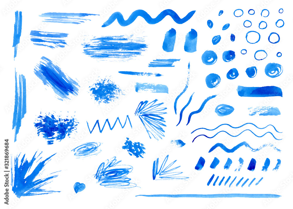 Obraz premium Set of Hand drawn watercolor blots, lines, brush strokes, brushes. Artistic design elements. Doodle style. Vector illustration. Freehand drawing. Abstract elements for background, greeting card