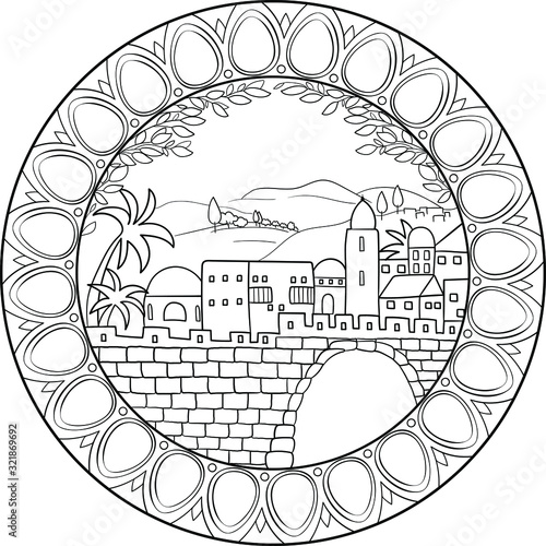 Ancient eastern city outline black on transparent background drawing inside gems circular frame.  Use for travel blogs,post cards, religious events, history illustrations