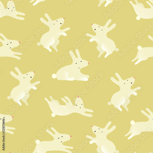 Cute seamless pattern with cute bunnyes in different poses on the yellow background . Funny print with rabbits for textiles, wallpapers, designer paper, etc