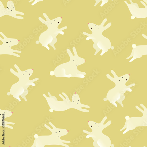 Cute seamless pattern with cute bunnyes in different poses on  the yellow background . Funny  print  with rabbits for textiles, wallpapers, designer paper, etc