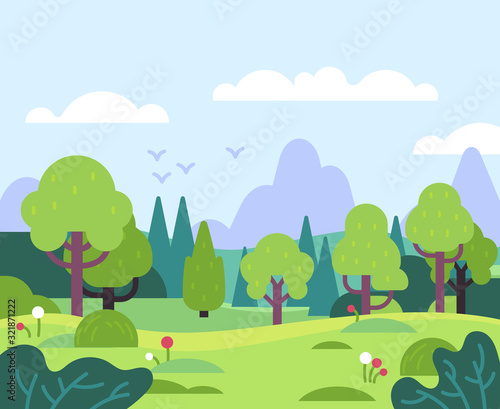 Minimal summer landscape. Nature park and forest plants  leaves and flowers. Mountain scenery for banner  greeting card flat vector background