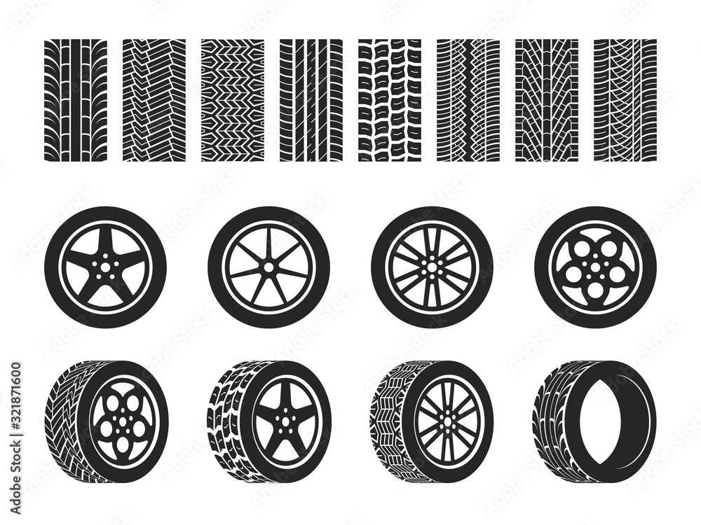 Wheel tires. Car tire tread tracks, motorcycle racing wheels and dirty tires track. Motocross bike trail, vehicle track or auto race tires. Vector isolated set - obrazy, fototapety, plakaty 