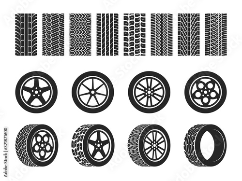 Wheel tires. Car tire tread tracks, motorcycle racing wheels and dirty tires track. Motocross bike trail, vehicle track or auto race tires. Vector isolated set photo