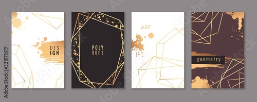 Card with gold frames. Trendy luxury wedding invitations with elegant geometric polyhedron, graphic ornament brochure or flyer vector template