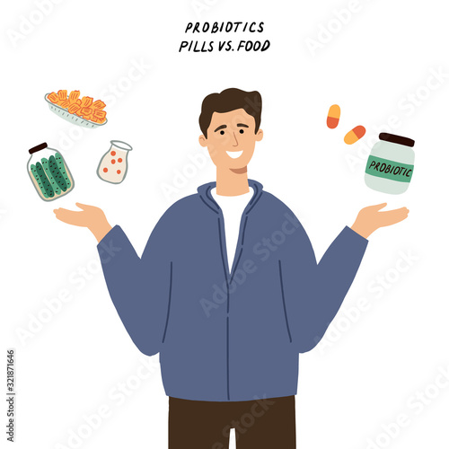 probiotics supplement concept. MAn choosing between pills and food with good bacteria.HAnd drawn flat vector illustration 