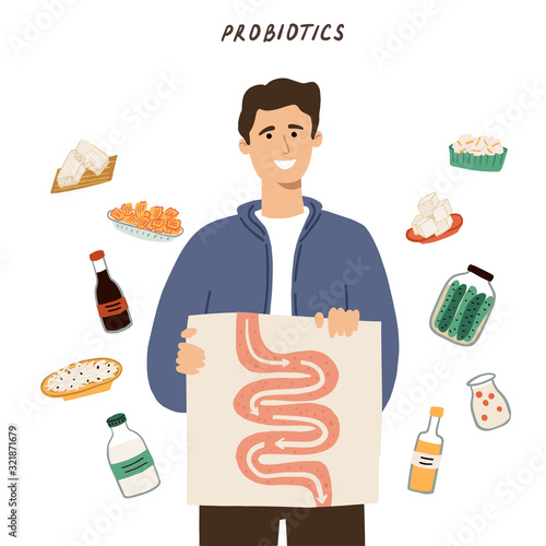 Probiotics food concept. Man prefers food that contains good bacteria, yogurt, kefir, tempeh and others. Hand drawn vector flat illustration