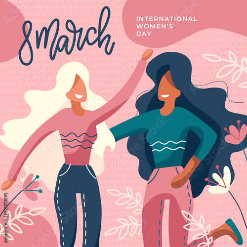 International Women's Day. Girls Together. Two Faceless Ladies Hugging. Girl Power, Feminism Poster with Lettering 8 March. Greeting flat hand drawn Card. Flat Vector Web Banner Template
