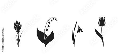 spring flower black silhouette set. crocus, snowdrop, tulip and lily of the valley