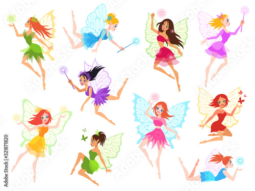Fairy. Magical little fairies in different color dresses with wings, mythological winged flying fairytale characters for kids book vector set