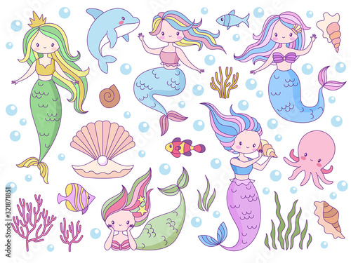 Mermaid. Sea world little mermaids, cute mythical princess and dolphin, seashell and seaweeds, fishes for print books, game vector characters