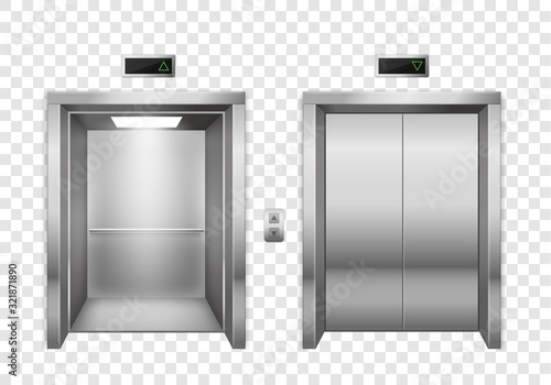 Elevator. Open and closed chrome metal elevator doors, modern passenger or cargo lift, lobby design inside building, realistic vector mockup