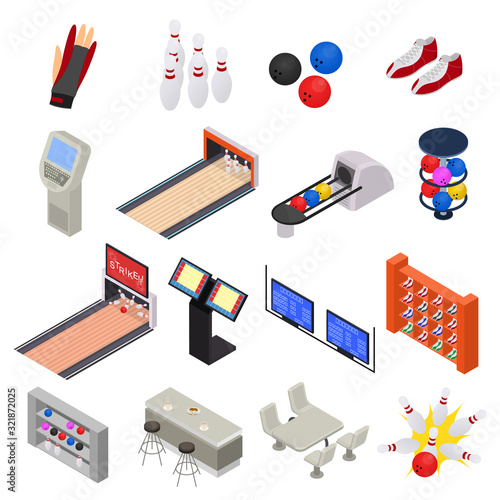 Bowling Game Sign 3d Icon Set Isometric View. Vector