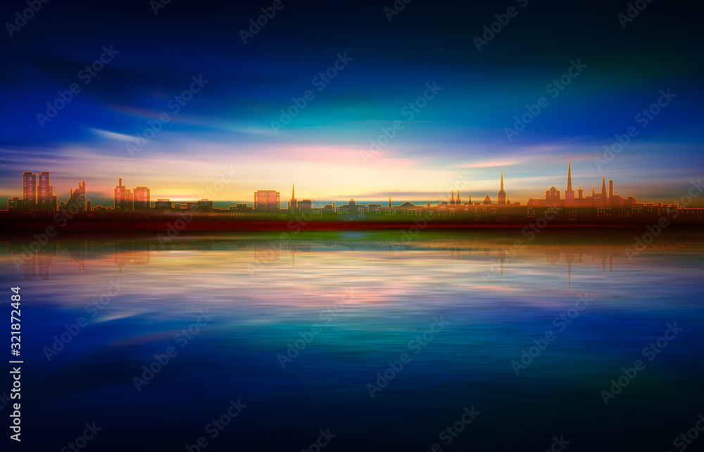 abstract spring background with blue sunset and silhouette of Tallinn abstract spring background with blue sunset and silhouette of Tallinn