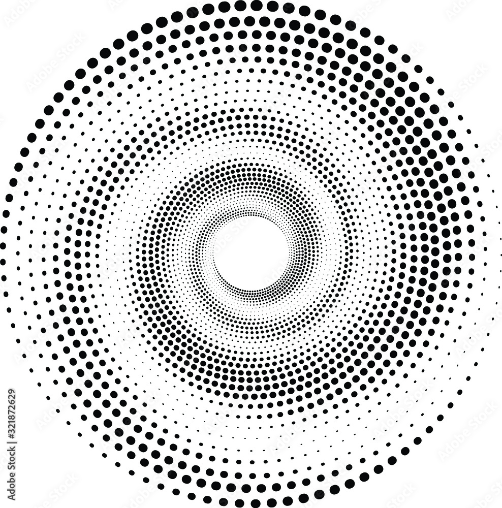 Abstract halftone dots in spiral form. Geometric dotted shape. Monochrome background. Design element for prints, web pages, template