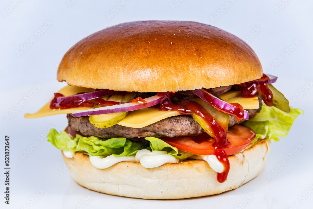 Sandwich hamburger with and mix of vegetables. Fast food. Delicious hamburger Sandwich hamburger with and mix of vegetables. Fast food. Delicious hamburger