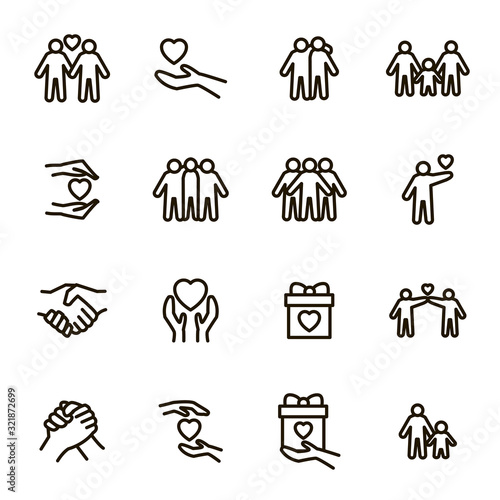 Friendship and Love Sign Black Thin Line Icon Set. Vector