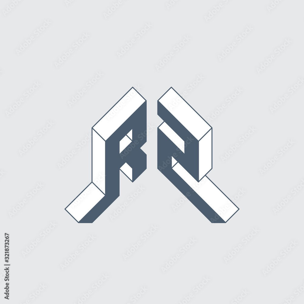 R2 - monogram or logotype. Isometric 3d font for design. Outline fonts. Three-dimension letters. R and 2 vector logo.