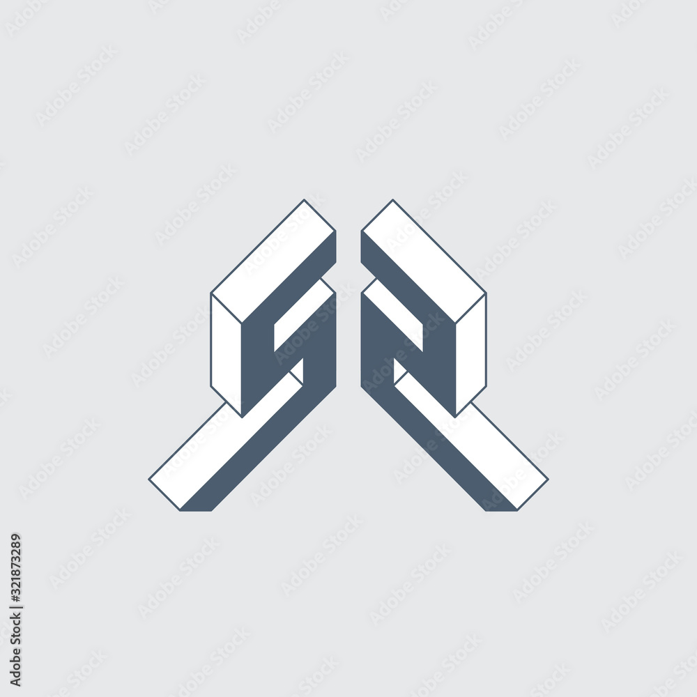 S2 - monogram or logotype. Isometric 3d font for design. Volume alphabet. Outline fonts. Three-dimension letters. S and number 2.