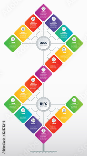 Business presentation or infographics concept with 19 steps. Multi-tiered construction. Template of development tree. Technology or education process with nineteen options. Annual report.