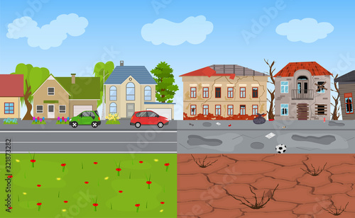 Cartoon Color Rich and Poor City Landscape Background Scene. Vector