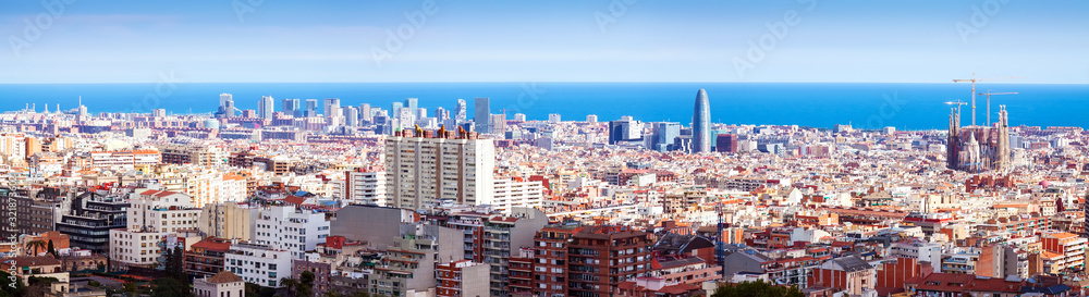   Barcelona from high point in sunny day. Catalonia