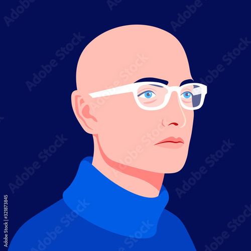 Portrait of a young bald man in a half-turn. Professional avatar for a social network. Head of a businessman in stylish glasses. Vector flat illustration