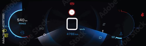 Illustration of digital instrument cluster with speedometer in center. Simple car dashboard panel with tachometer, odometer, fuel and temperature gauge, seat belt reminder, traffic sign recognition.