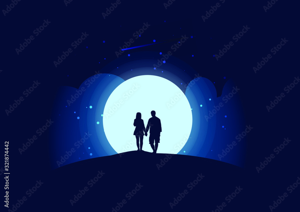 The Couple at the hill with moonlight. Romantic moment,Background.