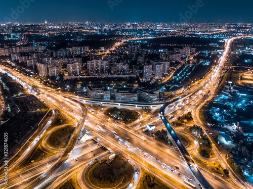 An aerial view of multilevel road junction taken with a drone in Moscow, Russia