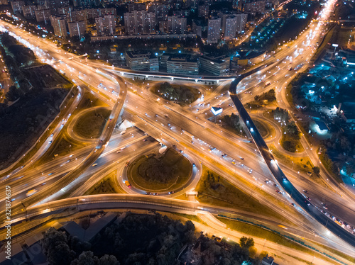 An aerial view of multilevel road junction taken with a drone in Moscow, Russia