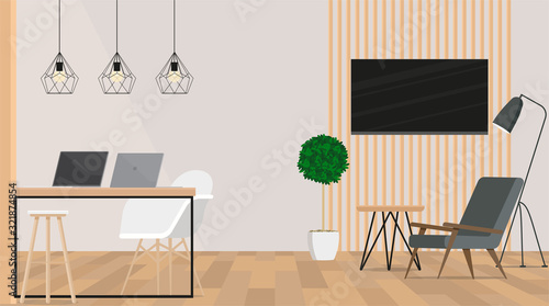 Design of the exhibition stand with furniture and TV screen.