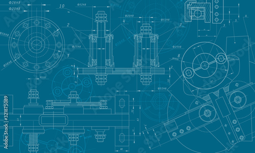 Mechanical engineering drawing on blue background. Sectioning objects with holes, ribs. Technical drawing.