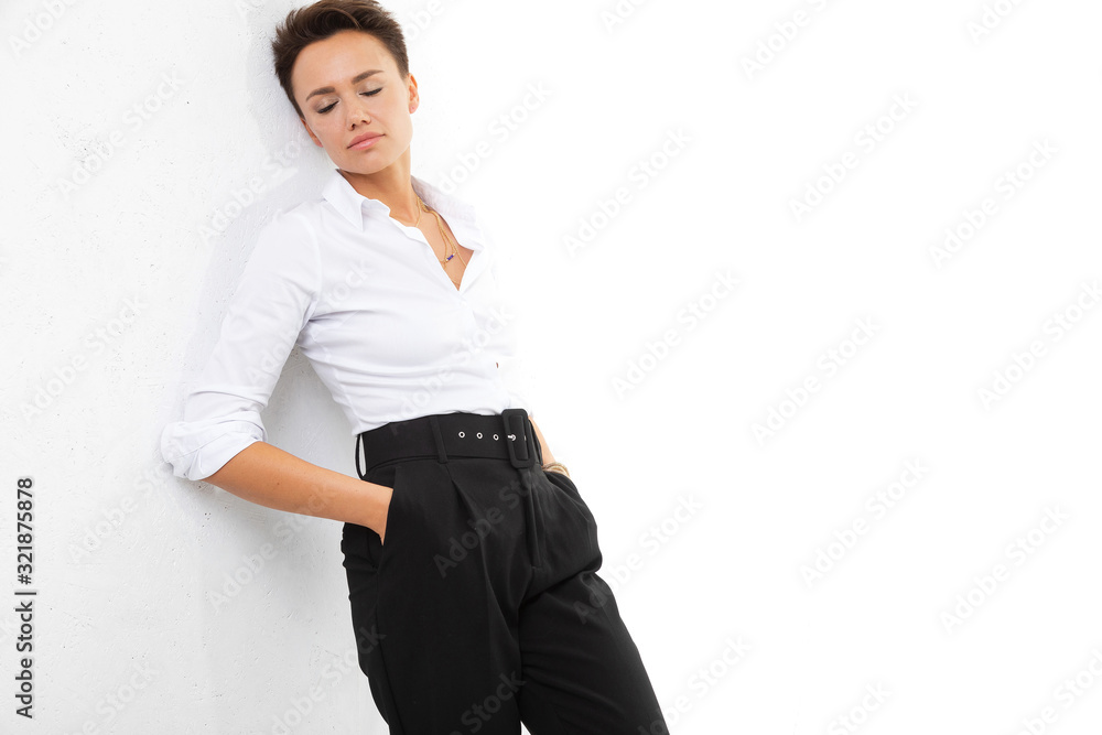 Cheerful lady in beautiful office suit, isolated on white background Cheerful lady in beautiful office suit, isolated on white background