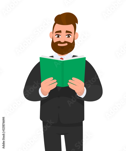 Young businessman is holding and reading a book. Person is looking a textbook. Male character design illustration. Human emotions, facial expressions concept in vector cartoon style.