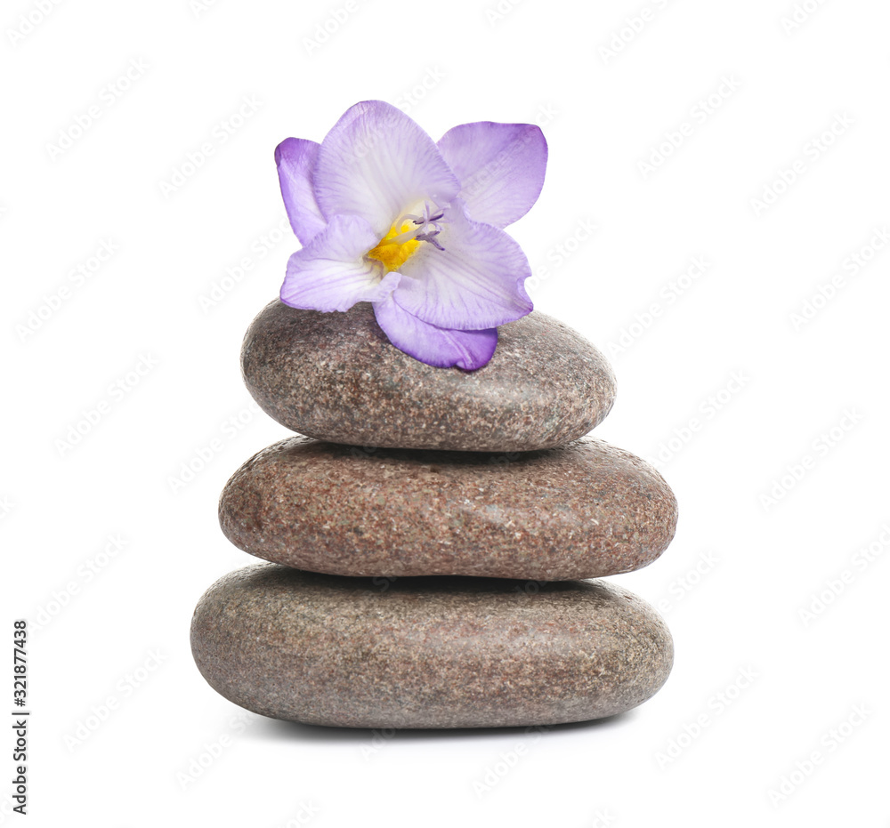 Spa stones and freesia flower isolated on white Spa stones and freesia flower isolated on white
