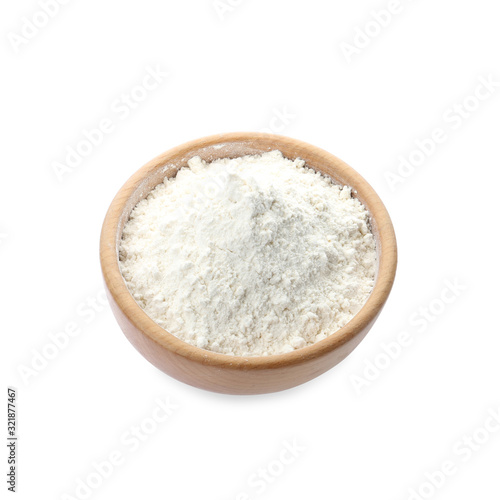 Organic flour in bowl isolated on white