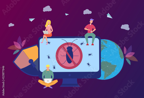 People on laptops and smartphones are testing new software. Search for the virus. Beta testing or testing of a new product, antivirus sale concept. Colorful vector illustration