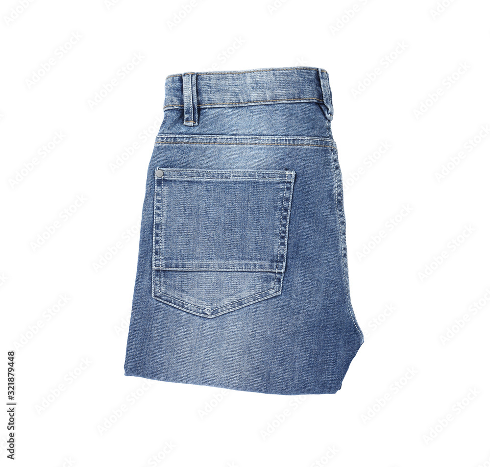 Stylish jeans isolated on white, top view Stylish jeans isolated on white, top view