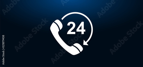 24 hours open phone rotate arrow icon crystal blue banner background
